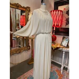1970s ivory batwing maxi dress cowl neck open sleeves drape 70s fashion formal
